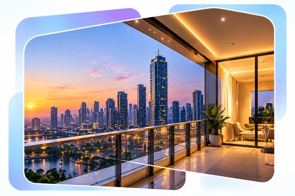 luxury balcony skyline at dusk