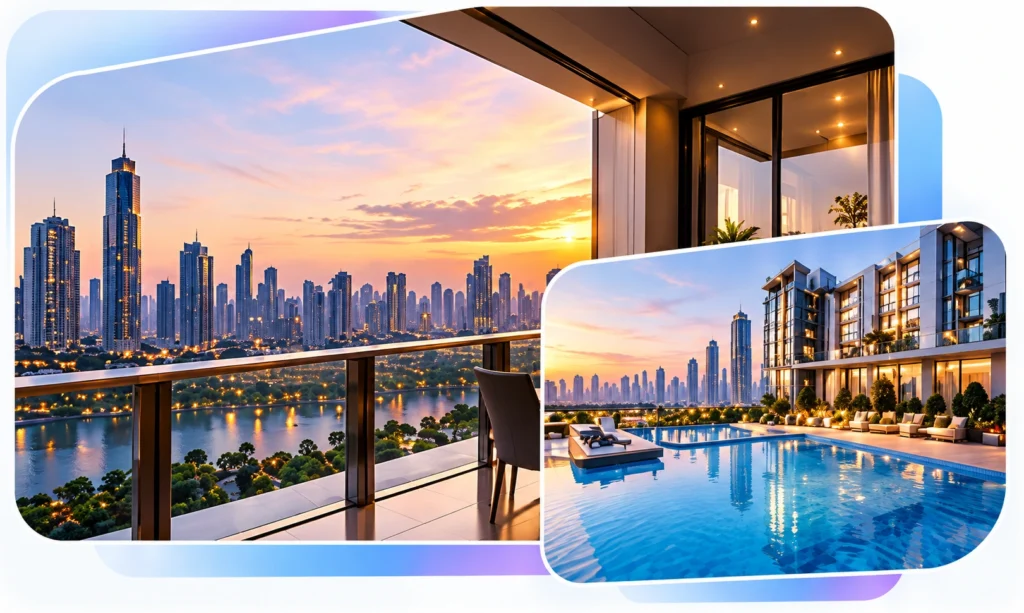 luxury waterfront skyline at sunset