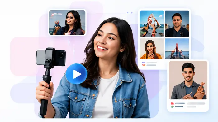 smiling vlogger with social media cards